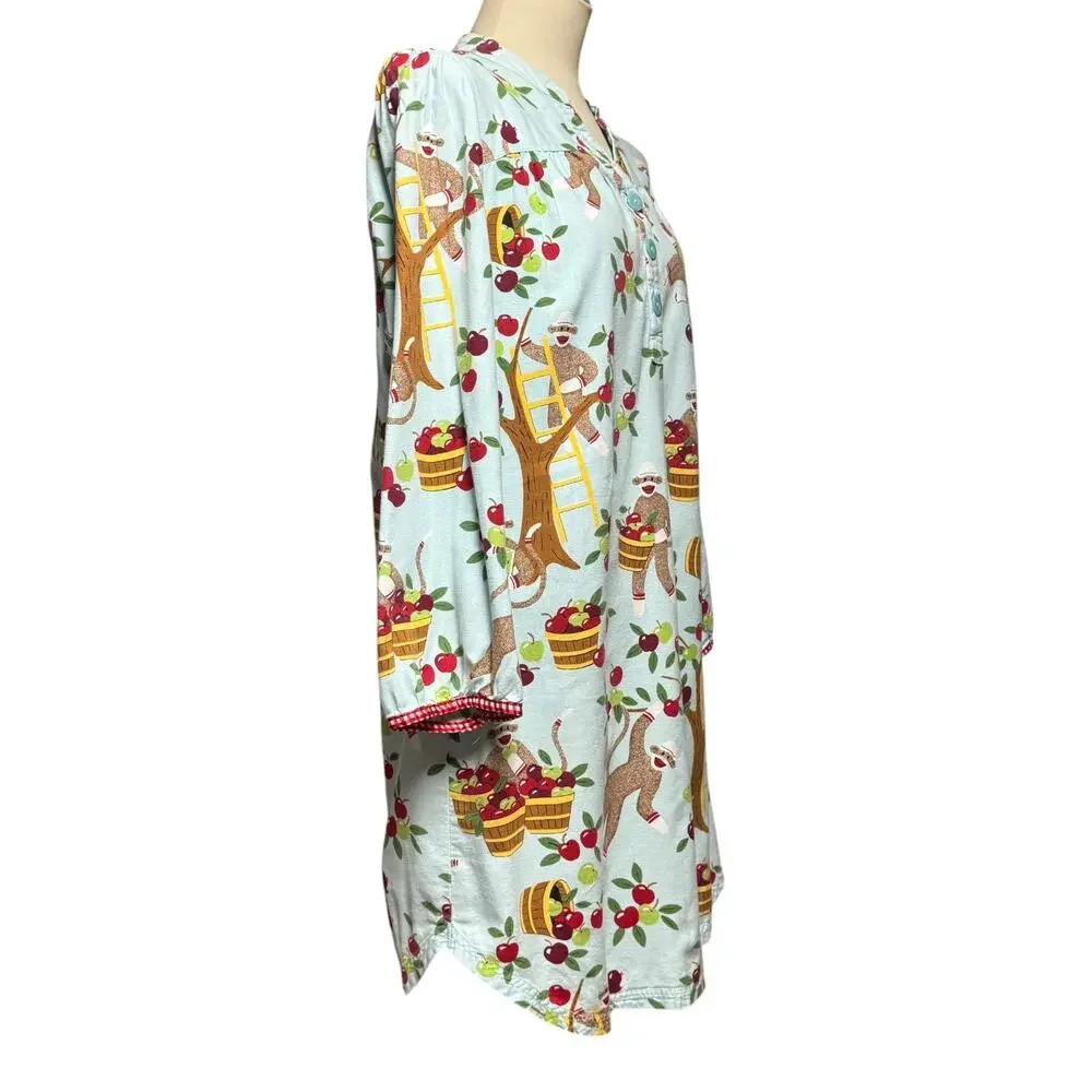 Nora & Nora Sleep Shirt Nightgown Sock Monkey Apple Blue Red XL